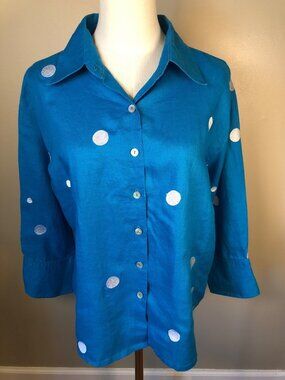 Casey Coleman Blue Polka Dot 100% Linen Button-Up Shirt 3/4 Sleeve Size M